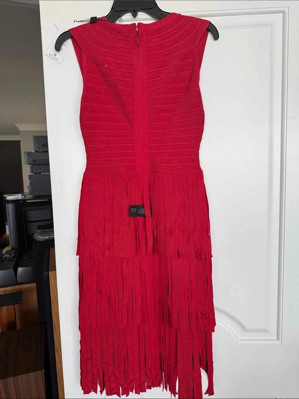 Herve Leger Crimson Red Fringe Bandage Midi Dress - Picture 2 of 4